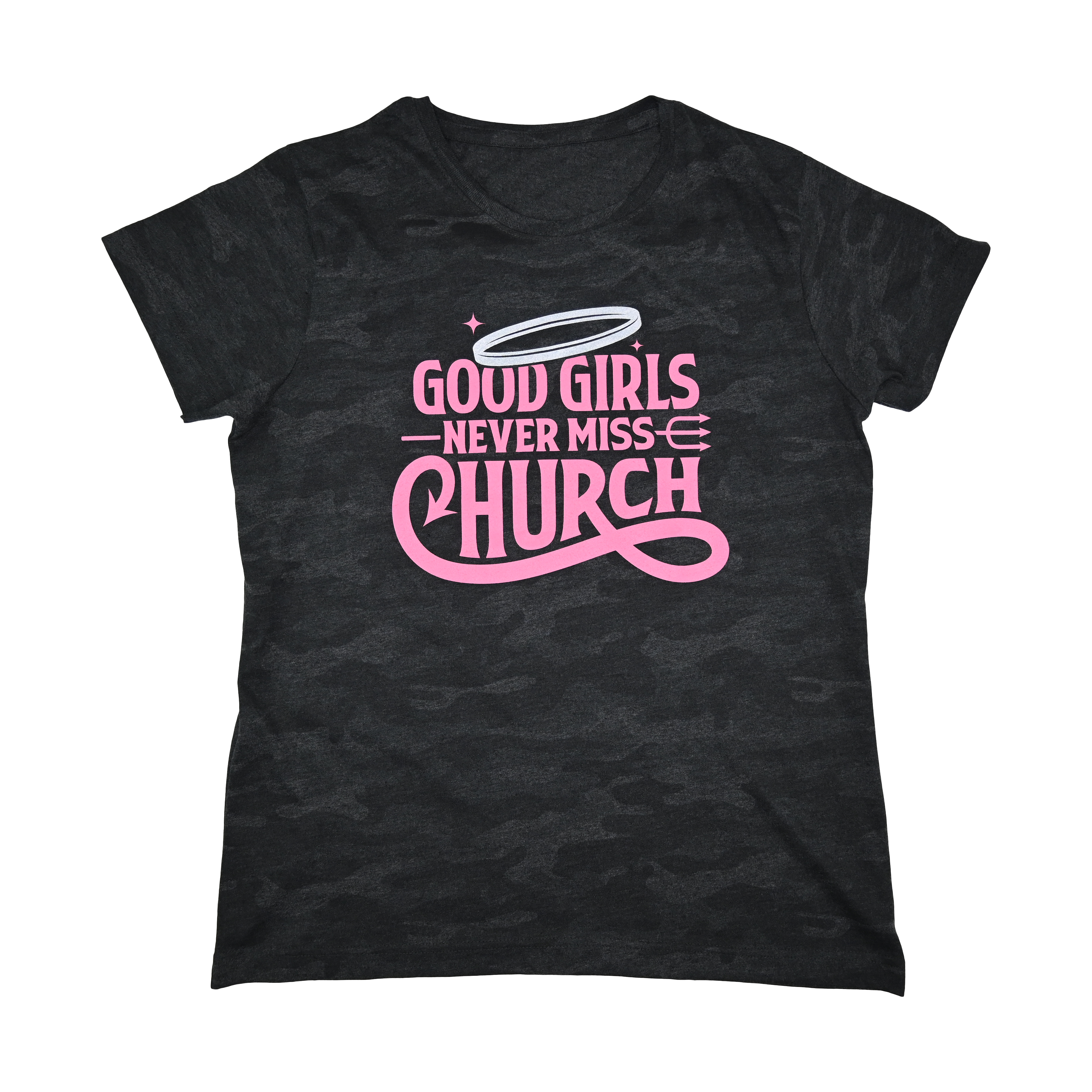Good Girls Never Miss Church - Black Camo T-Shirt