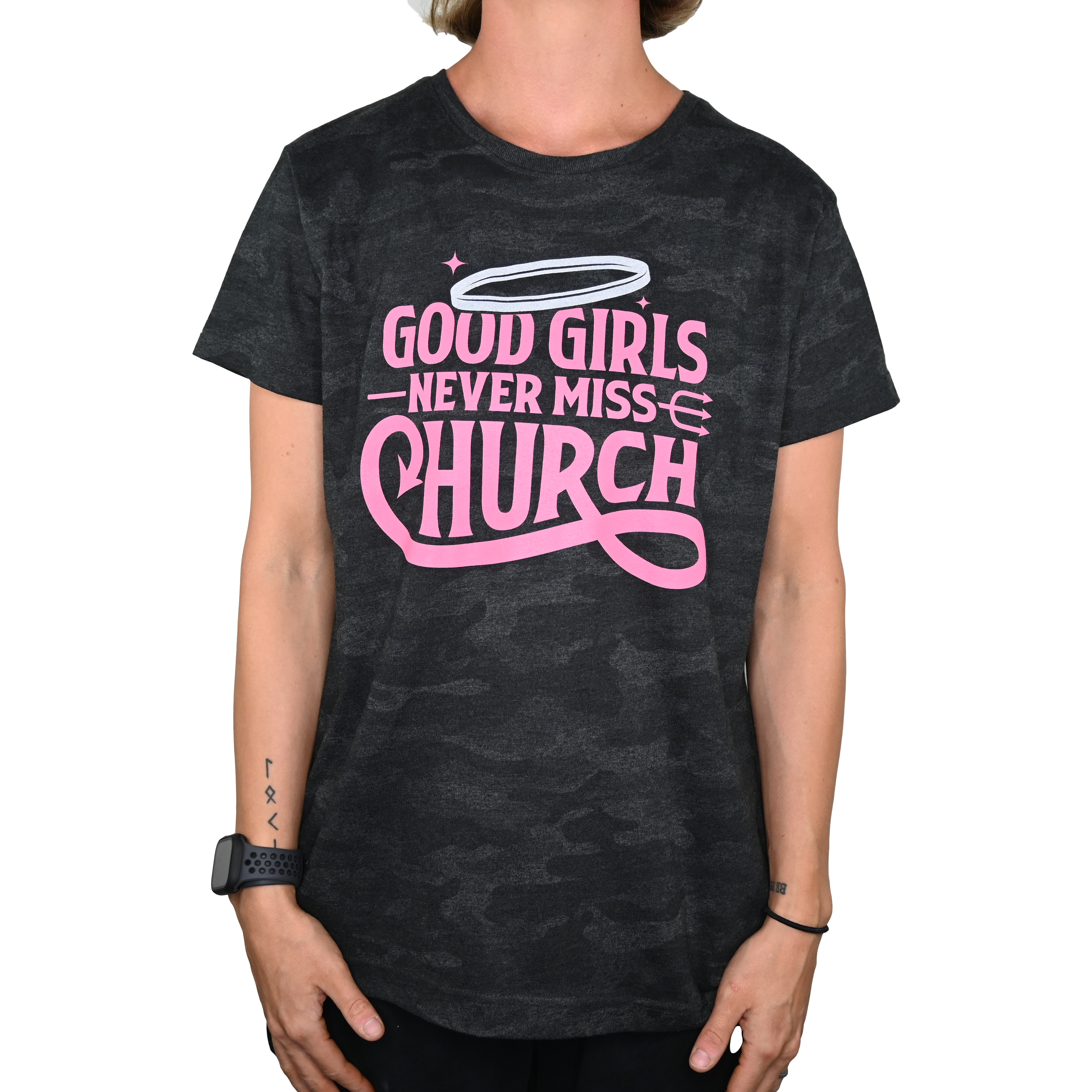Good Girls Never Miss Church - Black Camo T-Shirt